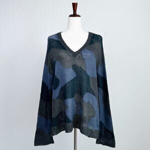 Wooden Ships Mohair Blend Blue Camo Lightweight V-Neck Sweater M/L